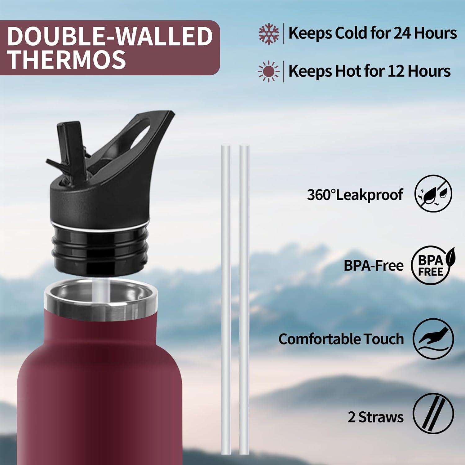 image:imageHoneyHolly Gourde Isotherme 500 ML Gourde INOX avec Paille Bouteille deau sans BPA Rutilisable AntiFuite Isolation sous Vide en Acier Inoxydable Double Paroi pour Enfants Adultes SportRouge Noir 750 Ml