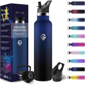 HoneyHolly Gourde Isotherme 500 ML, Gourde INOX avec Paille, Bouteille d&rsquo;eau sans BPA, Réutilisable, Anti-Fuite, Isolation sous Vide en Acier Inoxydable à Double Paroi, pour Enfants, Adultes, Sport(Bleu Foncé & Noir – 1000 Ml)