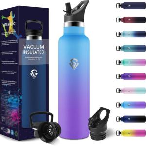 HoneyHolly Gourde Isotherme 500 ML, Gourde INOX avec Paille, Bouteille d&rsquo;eau sans BPA, Réutilisable, Anti-Fuite, Isolation sous Vide en Acier Inoxydable à Double Paroi, pour Enfants, Adultes, Sport(Bleu Ciel & Violet – 1000 Ml)