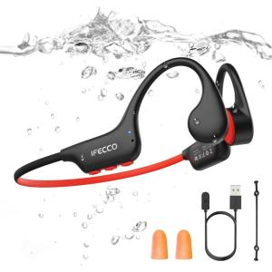 IFECCO Casque Conduction Osseuse Natation Bluetooth 6.0,Casque Étanche IP68,Ecouteur Waterproof Natation Écouteurs Ouverts sous l&rsquo;eau avec MP3 8G pour Course à Pied, Cyclisme, Sport(Noir et rouge)